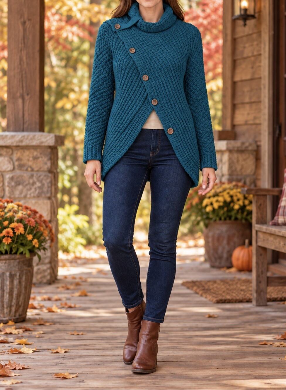 Womens Small Teal Chunky Knit Asymmetric Button Cardigan Sweater High Neck
